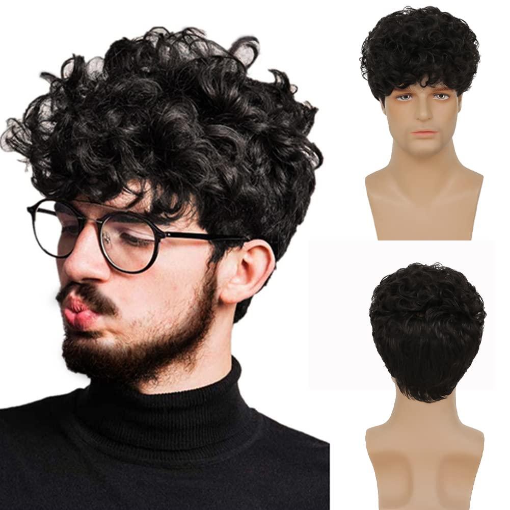 Swiking Curly Afro Black Men Wigs Short Fluffy Synthetic Hair Wig Halloween Party Cosplay Costume Full Wigs (Black)
