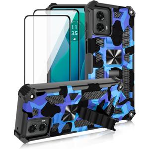 For Motorola Moto G 5G 2024 Case, with 2 Pack Tempered Glass Screen Protector, Military Grade, Kickstand with Magnetic Car Mount, Protective Phone Case for Moto G 5G 2024 Deep Blue