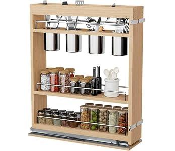 DINDON Pull Out Spice Rack Cabinet Organizer, (5" W x 21.9" D x 25.2" H) Multi-Use Solid Wood Pull Out Cabinet Organizer With 4 Movable Stainless Steel Cutlery Storage Buckets for Kitchen Organization