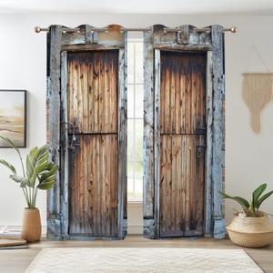 Renaiss Wood Barn Door Curtain Blackout, Rustic Cabin Print Blackout Bedroom Window Drapes, Western Farmhouse Window Curtains for Living Room, 96L x 53W Set of 2 Panels