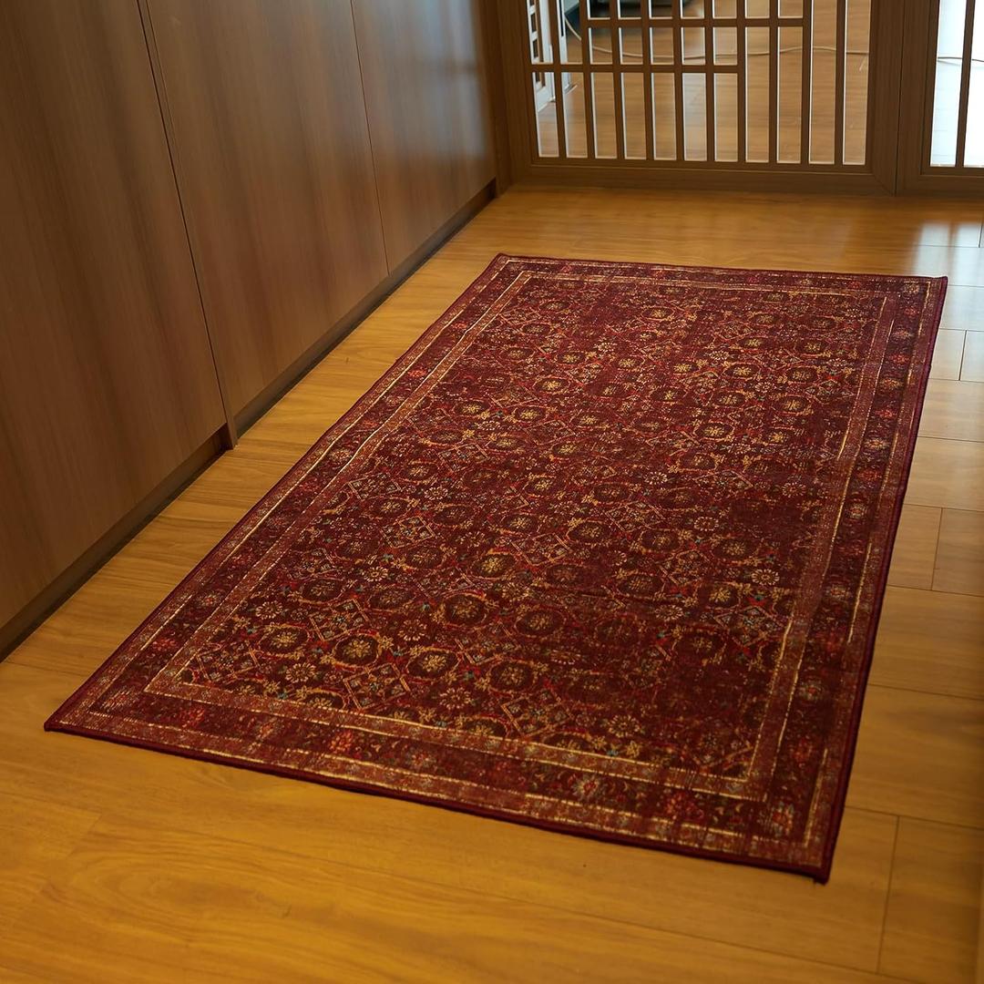 3x5 Soft Washable Area Rugs for Living Room and Bedroom, Non-Slip Stain Resistant Indoor Carpet, Cozy Floor Mat for Dining Room, Office, Stain Resistant Entryway Persian red Floral