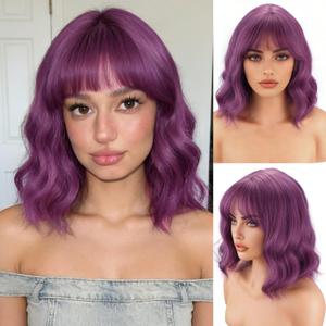 Purple Wig with Bangs for Women, 14" Short Wavy Bob Wig, Natural Looking Lavender Synthetic Hair for Cosplay & Daily Wear, Heat Resistant Glueless Colorful Wigs, Pelucas de Mujer