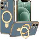 Compatible with iPhone 12 Case with Magnetic Ring Stand [Compatible with Mag-Safe] [Full Camera Lens Protector] Soft Plating Phone Case for iPhone 12 6.1", Grey Blue
