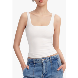 PUMIEY Women's Square Neck Tank Top Sleeveless Double Lined Basic Tops Sharp Collection, size Medium, White