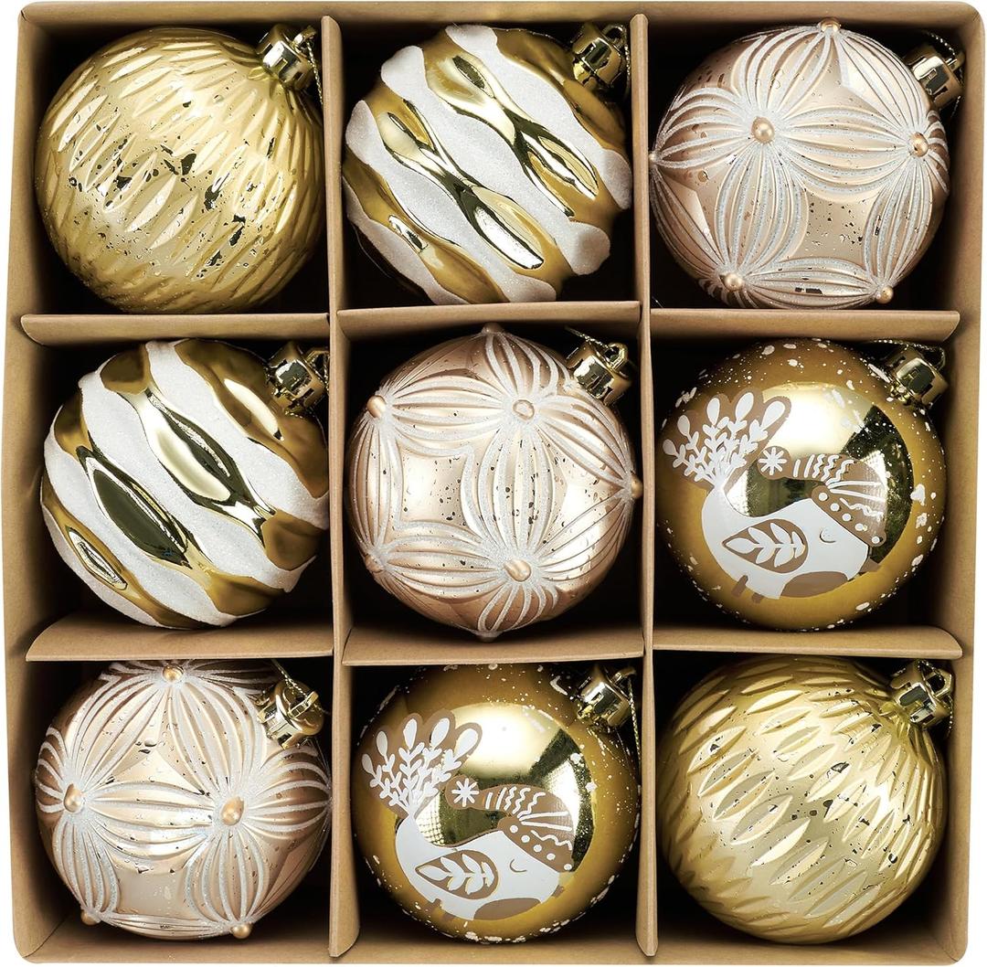 DecorbyHannah Large Gold White Christmas Ornaments, 9ct 3.15 inches Ornaments for Christmas Tree Decorations Set, Shatterproof Plastic Hanging Scandinavian Balls Bulk for Xmas Indoor Party Decor