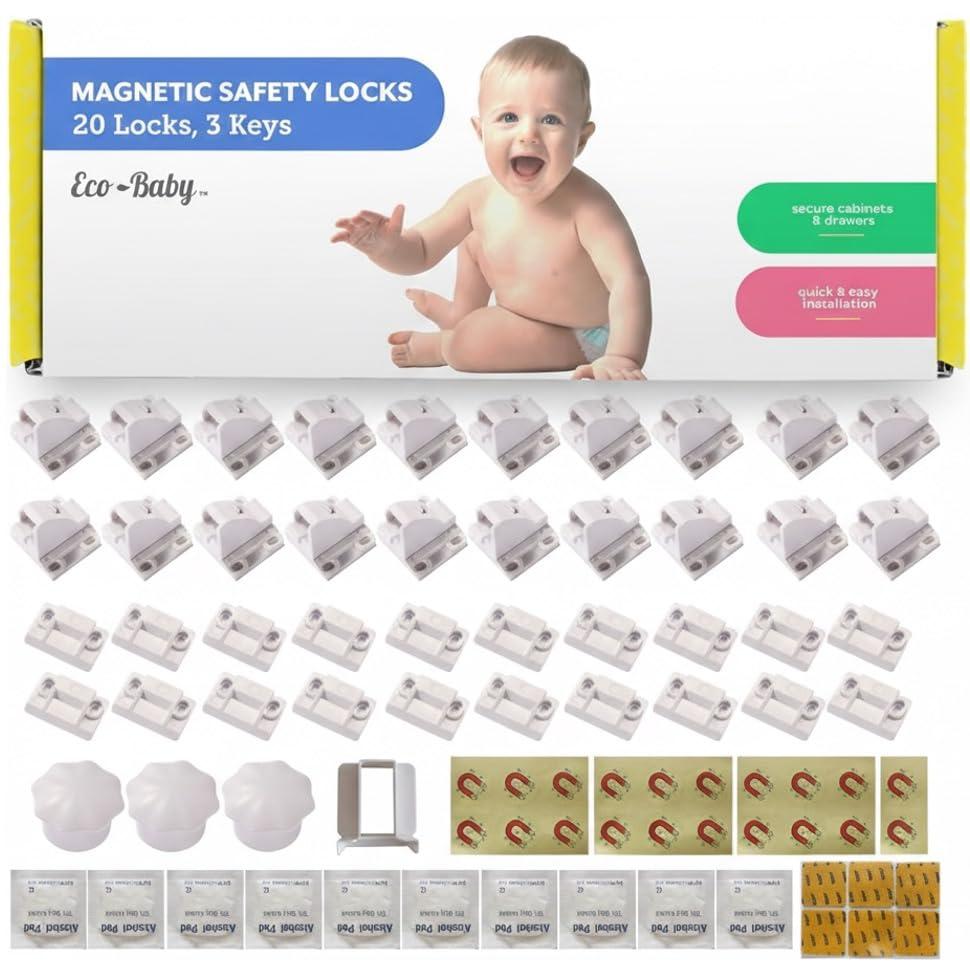EcoBaby Magnetic Cabinet Locks for Babies  Keyless, White, 20 Pack and 3 Keys