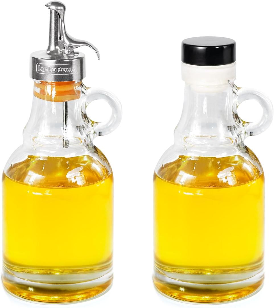 Olive Oil Dispenser Bottle, Oil Holder for Kitchen,Cooking Bottle Spout, Vinegar Dispenser Set,Glass Dispenser with Stainless Steel Spout -Give Away A Glass Bottle with handles and 1 Stopper