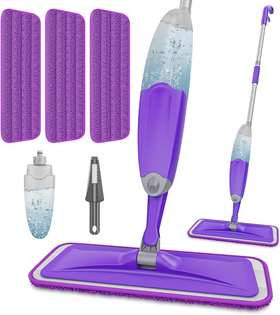 HOMTOYOU Spray Mops for Floor Cleaning: Wet Mop for Hardwood Tile Wood Laminate Vinyl - 3 Washable Microfiber Pads for Swiffer Powermop - Absorbs Pet Hair Dust (Purple)