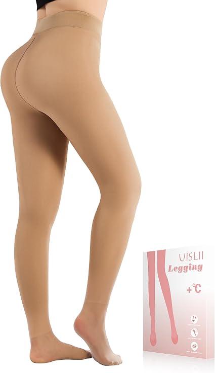 Fleece Lined Tights Women, Warm Pantyhose Leggings Women, Fake Translucent Thermal Skin Colored Tights for Winter, Medium 