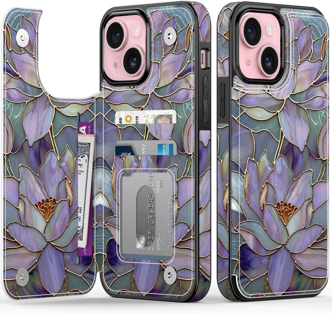 FUNMIKO for iPhone 13 Mini Wallet Case with Card Holder, RFID-Blocking, Military-Grade Protection & UV-Printed Artwork, Magnetic Closure with Leather Kickstand - Dreamy Lotus