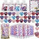 128 Pcs 4th of July Party Favors Ballpoint Pens and 2.75 Inch Stress Balls with Gift Cards Set Gifts Bulk for Independence Day Patriotic Pens Stress Balls Organza Bags(Heart Shaped)