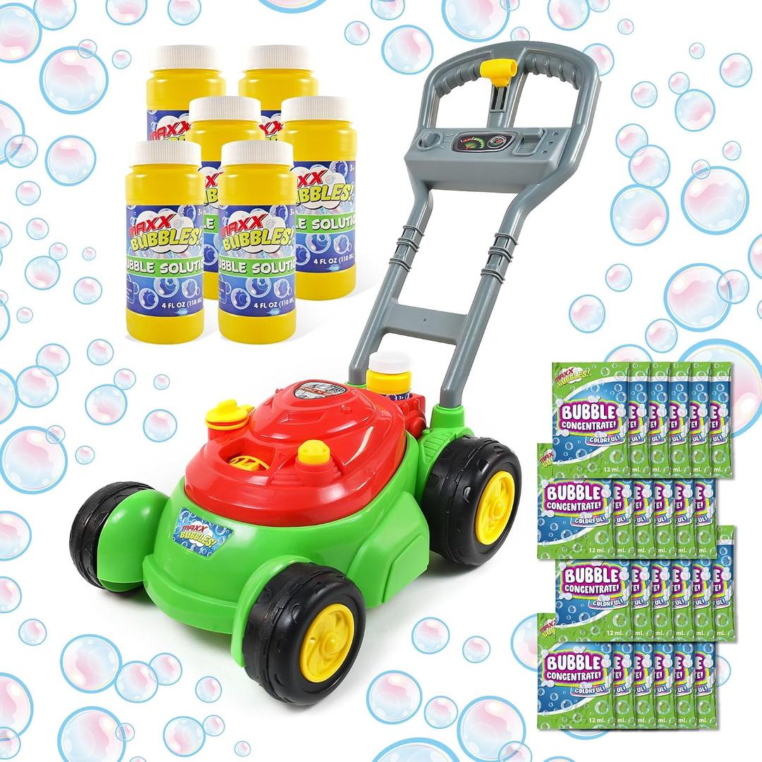 Bubble N Go Lawn Bubble Mower for Toddlers, Bubble Blowing Machines, Indoor/Outdoor Gardening Toy, Birthday Party, No Batteries Required, Includes 24oz Bubble Solution and 24 Refill Packs, Ages 2+, Bubble Mower Bonus Pack