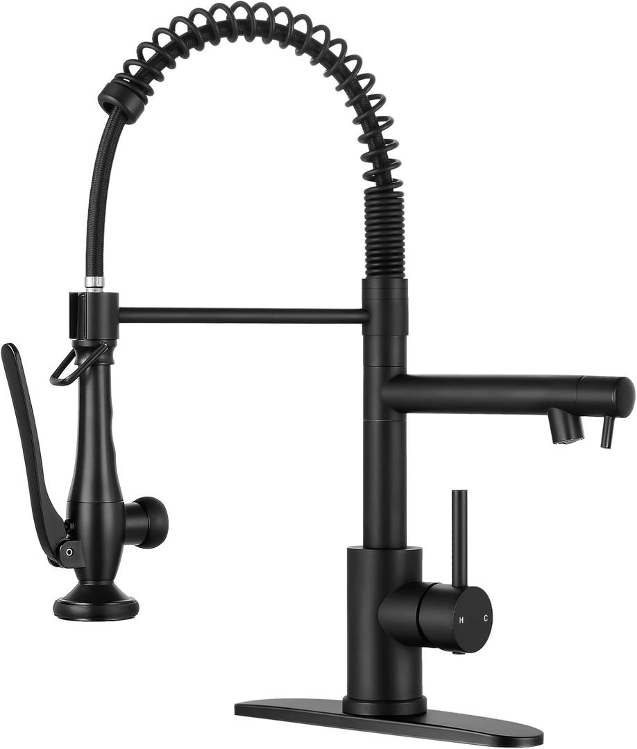 Kitchen Faucets with Pull Down Sprayer Single Handle,Commercial Style Double-Headed Faucet 1/3 Hole with Deck Plate,Matte Black