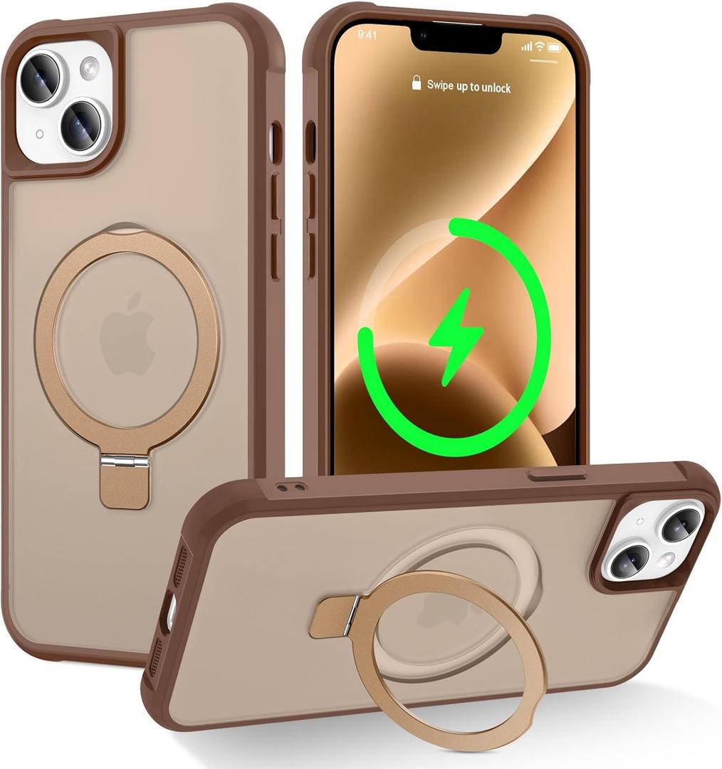 Magnetic Compatible with iPhone 14 Case with Stand [Military Grade Drop Tested][Compatible with Magnet] Ring Translucent Slim Hard Back Soft Edge, Desert Gold