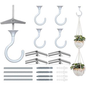 4 Sets Heavy Duty Swag Ceiling Hooks with Hardware for Hanging Plants, Cavity Wall Fixing, Easy Installation, Holds Up to 30lbs, Ideal for Home & Garden (4 Sets, White)
