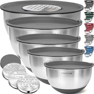 Priority Chef Stainless Steel Mixing Bowls with Lids Set, 3 Grater Attachments, Airtight Lids, Non-Slip Silicone Base Mixing Bowl Set, Large Prep Metal Mixing Bowls for Kitchen, Grey (Gray)