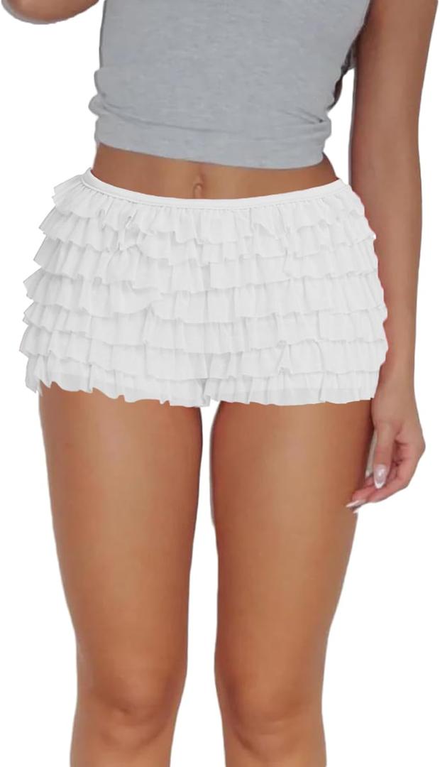 Women Ruffle Bloomers Lolita Fairy Short Y2K Mesh Lace Pumpkin Sexy Layered Pettipants Boy Shorts (Small, White)