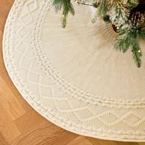 48 inch White Knitted Christmas Tree Skirt: Thick Cable Knit Round Cream Tree Skirt for 6-8FT Tree Rustic Neutral Farmhouse Christmas Decor Tree Base Cover Xmas Home Decorations