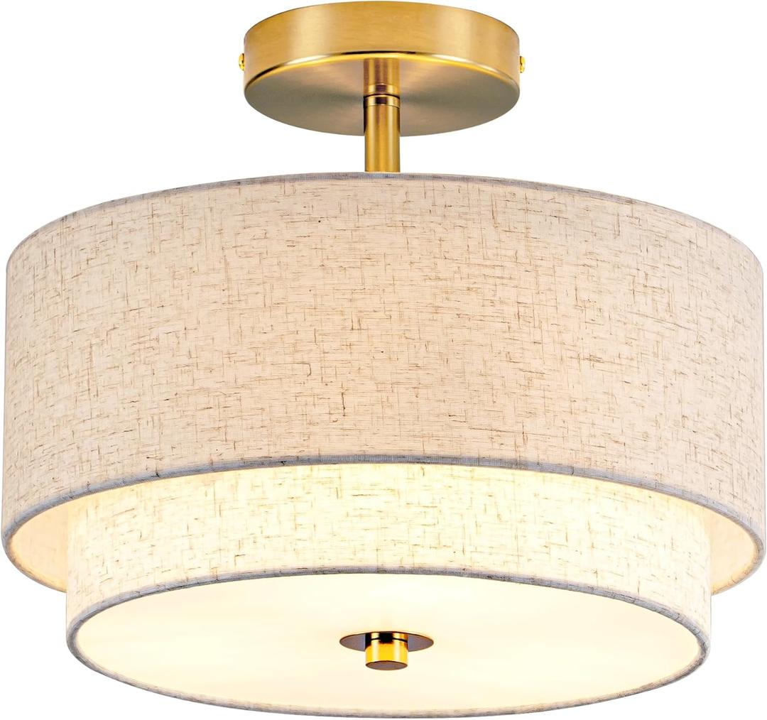 Zlepmlla 12.6'' Semi Flush Mount Ceiling Light, Gold Light Fixture with Two Layers Fabric Linen Shade, 3-Light Drum Light Fixture for Entryway Bedroom Hallway Foyer Kitchen, 12.6in