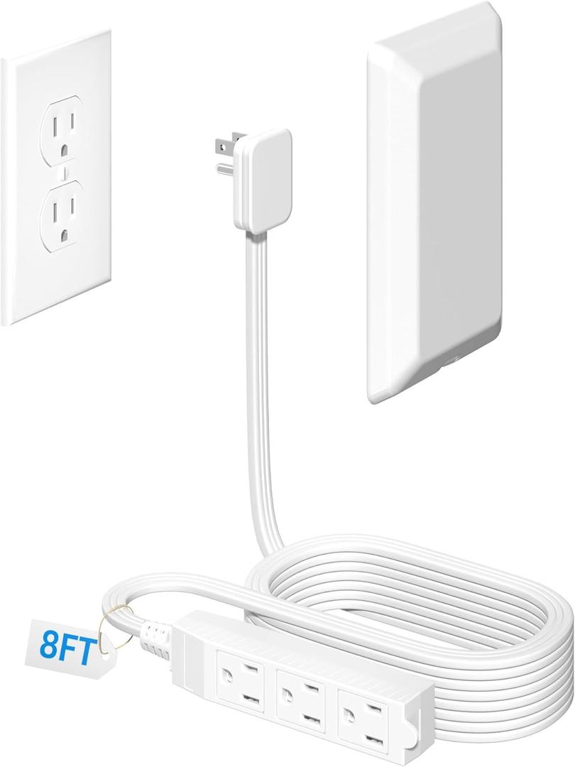 8FT Flat Plug Extension Cord with 3 Outlet Power Strip, Ultra Thin Outlet Concealer with Outlet Covers Baby Proofing, Flat Face Outlet Extender for Home, Bedroom, Kitchen with ETL Listed, White