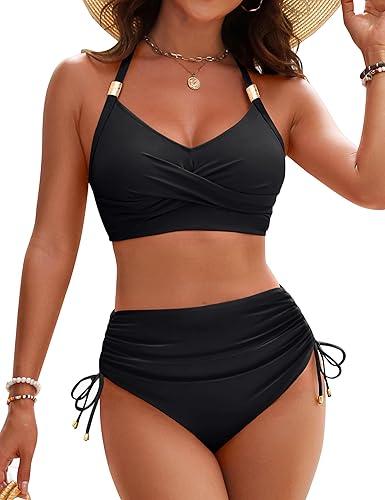 Blooming Jelly Womens High Waisted Bikini Sets Drawstring Tummy Control Swimsuits Crisscross Tie Back Bathing Suit (Small, Black)