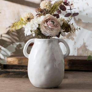 White Ceramic Vase with 2 Handles, Modern Farmhouse Decorative, Rustic Terracotta Vase for Home Decor, Table, Wedding, Living Room, Shelf Decor, 7 Inch