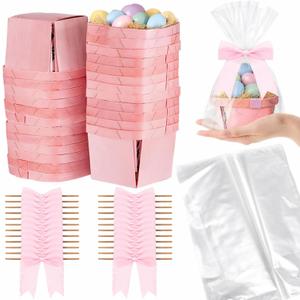 Kigley 24 Set Easter Mini Gift Basket Empty with Bow Wrap Bag Small Easter Goodie Stuffer Baskets Wooden Vented Berry Box with 24 Bags Candy Wedding Party Supply(Pink,4.02 x 2.56 x 2.95 Inches)