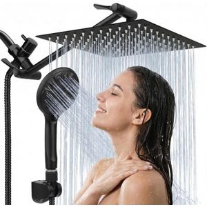 Tudoccy Shower Head, 8‘’ High Pressure Rainfall Shower Head/ Handheld Shower Combo with 11'' Extension Arm, 9 Settings Anti-leak Shower Head with Holder, Height/ Angle Adjustable, Matte Black