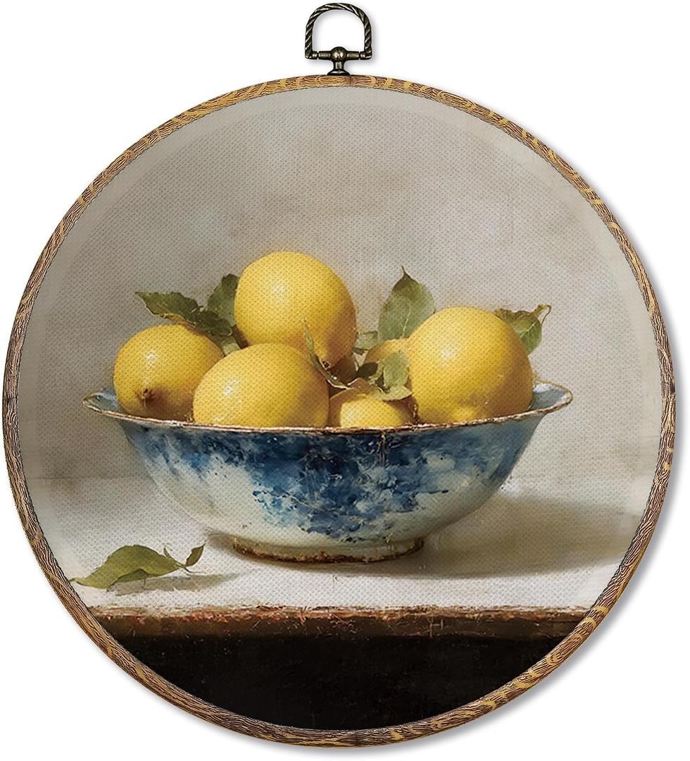 2 x Sufamb Vintage Farmhouse Lemon Round Wall Art Decor, Retro Lemon Canvas Artwork Framed, Rustic Still Life Fruit Wall Hanging Prints Decorations for Kitchen Dining Room Home Decor, 10x10 Inches, (Mix)