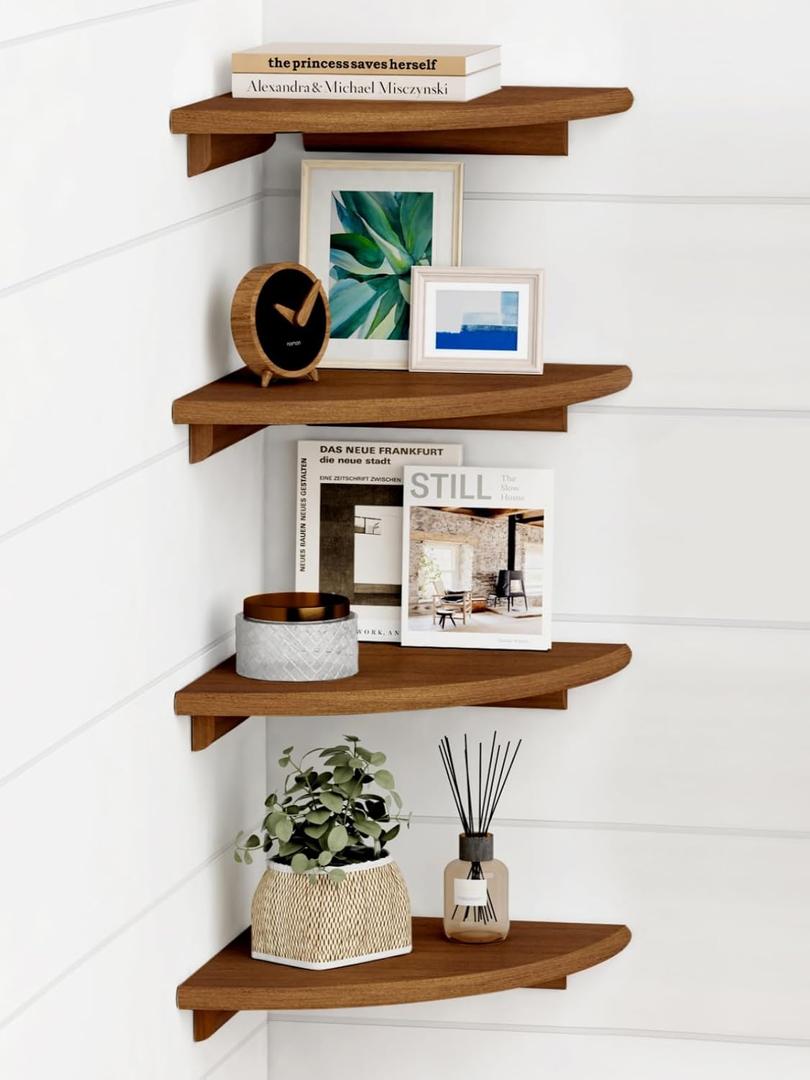Forbena Walnut Brown Floating Corner Shelves for Wall 4-Pack, Small Corner Wall Shelves for Kids Room, Cute Wooden Hanging Corner Shelf for Bedroom Bathroom Decor, Living Room, Small Spaces (10" Depth)
