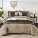 Dinjoy Boho Queen Comforter Set Light Brown,7 Piece Bed in a Bag Queen Size Warm Striped Bedding Sets with Plaid Fall Comforters Bed Set with Sheets for Family All Season