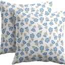 Blue Green Block Print Pillow Covers 18x18 Set of 2 Floral Spring Summer Flower Pattern Decorative Neutral Outdoor Throw Pillowcases Boho Cushion Cover Rustic Decoration Farmhouse Sofa Couch Bed Decor