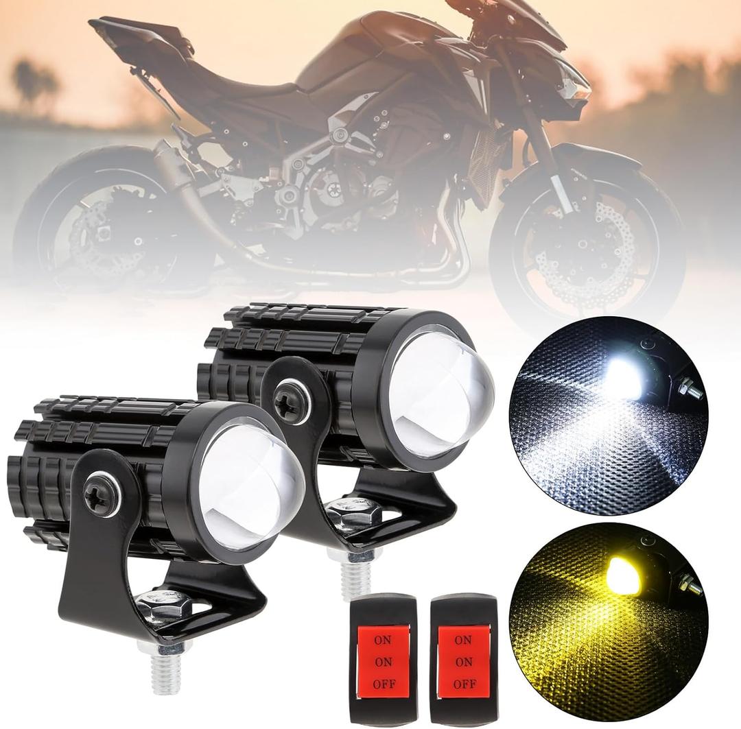 Windance 2pcs 32W LED Motorcycle Headlight with Switch, Yellow White Dual Color Hi/Lo Beam for Motorcycle, 2400LM 3000K 6000K Crash Bar Front Fork Spotlight (Spotlights (2 pack))