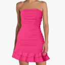 Women's Strapless Ruched Tube Mini Dress Tiered Layer Ruffle Bow Back Dresses Clubwear Party S