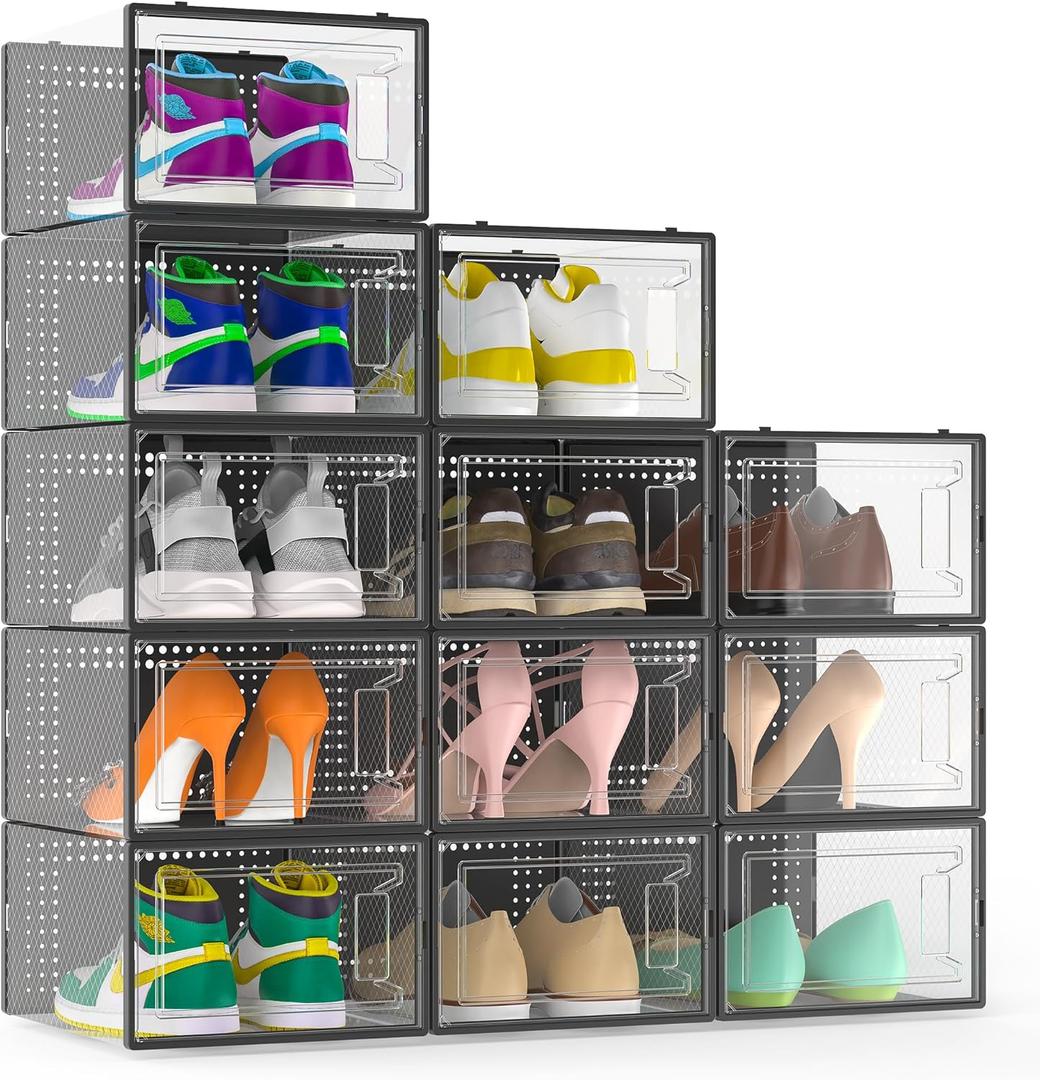 12 Pack X Large Shoe Storage Organizer for Closet, Modular Space Saving Shoe Boxes Clear Plastic Stackable Containers Display Case Bins with Lids, Black