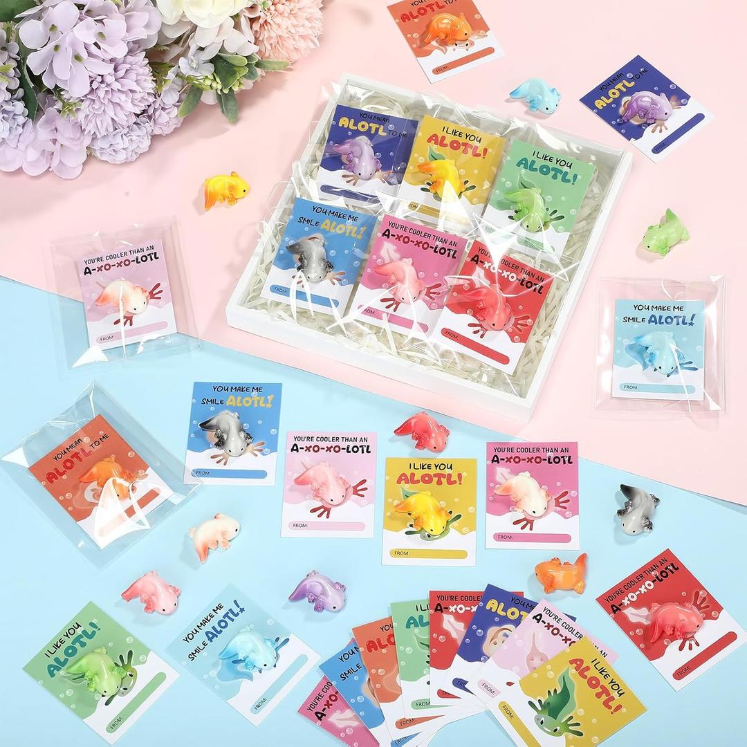 RattanView 27 Packs Axolotl Valentines with Gift Card Mini Resin Animal Miniature Figure for Axolotl Party Favors Exchange Gifts Decoration Coworker Friend(Solid Color)