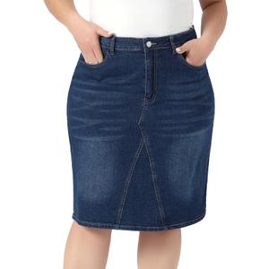 Agnes Orinda Jean Skirts for Women Plus Size Summer High Waist Knee Length Pockets Casual Stretch Midi Denim Skirts (Blue, XXL)