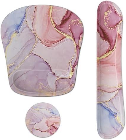 Wrist Rest Support Ergonomic Gel Mouse Pad & Memory Foam Keyboard Set Non-Slip Rubber PU Base Easy Typing and Relieve Wrist Pain Mouse Mat for Computer Office - Pink Marble
