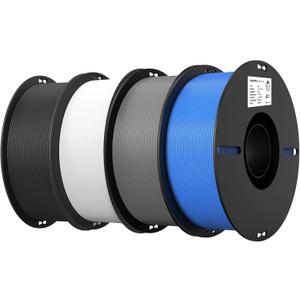 Creality 4 Pack PLA 1.75mm Filament Bundle for 3D Printing with No-Tangling Strong Bonding and Overhang Performance, Accuracy +/- 0.02mm (Black,White,Grey,Blue)