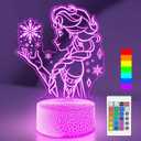 Cute Night Light for Kids, 16 Colors Change Princess Decor Lamp with Remote, Dim for Girls Bedroom 3D Illusion LED Night Lights, Ideal Gifts for Girls Christmas Birthday Party Room Decoration (Elsa)