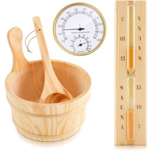4 Pcs Sauna Accessories Set Include Wooden Sauna Bucket (with Plastic Liner) with Ladle 2 in 1 Thermometer Hygrometer Hourglass Timer Kit for Steam Room