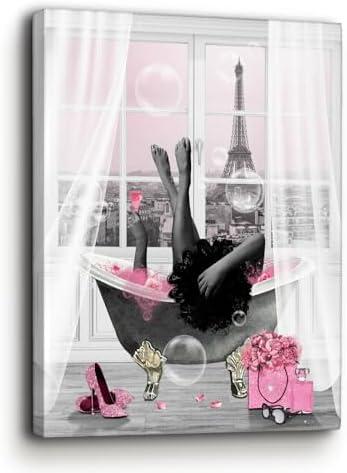 African American Wall Art Black Girl In Bathtub Canvas Wall Decor Poster Prints Modern African Women Pink Bathroom Fashion Pictures Framed Artwork For Bathroom Living Room 12"X16"
