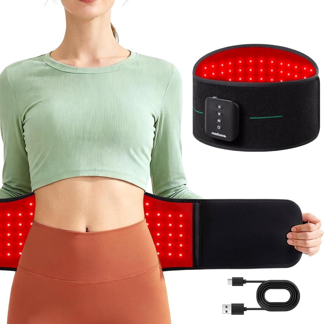 Medisana 3-in-1 Red Light Therapy Belt, Cordless & Portable Infrared Red Light Relief Belt for Body with Red Light/Pulse/Heat/Vibration - 660nm/850nm (LED Light  Non-Laser) for Back Pain (Regular, Black)