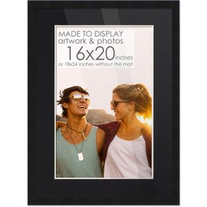 16x20 Frame Black Wood with Black Mat | 18x24 Frame Matted to 16x20 | Display Your Picture Under UV Acrylic Shatter Guard Front, with Foam Board Backing and Wall Hanging Hardware - Wood Frame