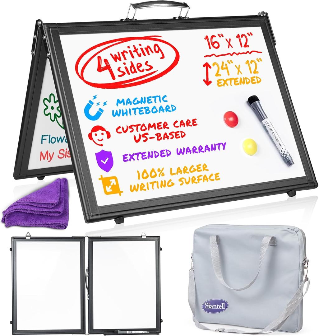 Small Dry Erase White Board Magnetic Desktop Whiteboard - 16x12 inch 4 Sides Portable Whiteboard for Kids - Tabletop Mini Easel with Cover Bag for Office Desk, Students, Teachers