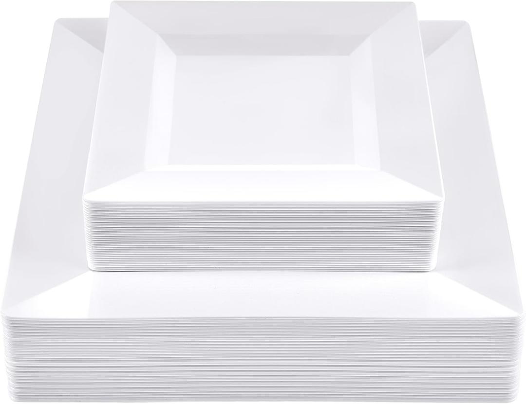 SETUP 60-Piece White Square Plastic Dinnerware Set 30 9.5" Dinner & 30 6.5" Salad Plates Heavy-Duty Disposable for Weddings, Catering, Parties