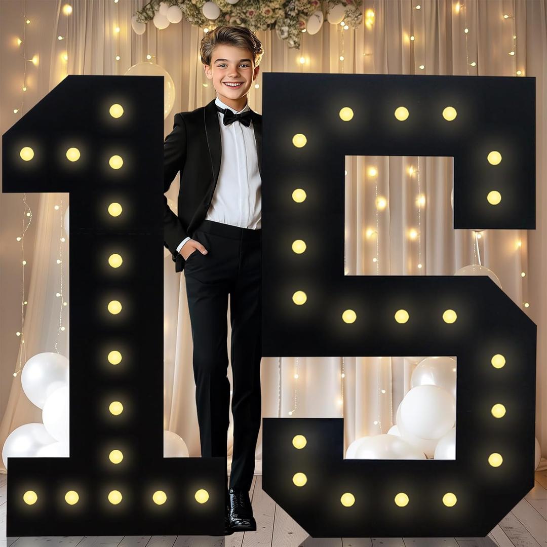 4FT Marquee Light Up Numbers, Black Giant Marquee Number Big Mosaic Number for 15th Birthday Party Decorations Boys Backdrop 15 Anniversary Decor, Pre-Cut Frame Large Number 15