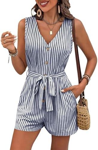  GUOLEZEEV Womens Summer Romper V Neck Button Up Linen Rompers Striped Sleeveless Short Jumpsuits Beach Vacation Outfits, Size Large, Haze Blue 