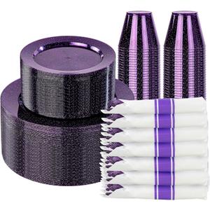 DaYammi 210 Purple Glitter Plastic Dinnerware Set for 30 Guests, Fancy Disposable Plates for Party, Include: 30 Dinner Plates, 30 Dessert Plates, 30 Pre Rolled Napkins with Purple Silverware, 30 Cups