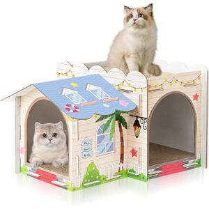 2 Story Cardboard Cat House with Scratcher Pad for Small Kitten,17x12x10 Multi Level Durable Cat Condo & Villa for Bunny Rabbit Small Animals Christmas Birthday Gift(Beach)